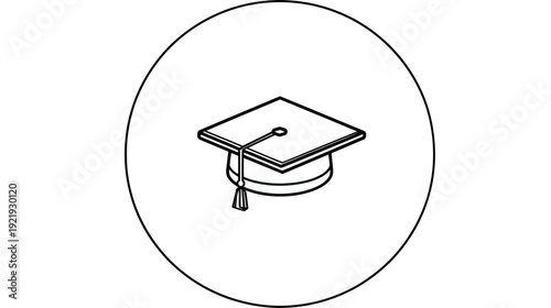 A black and white illustration of a graduation cap enclosed within a circle