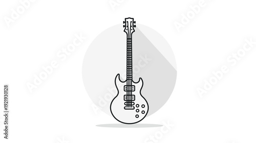 A vector illustration depicts a black line drawing of an electric guitar against a soft gray circle