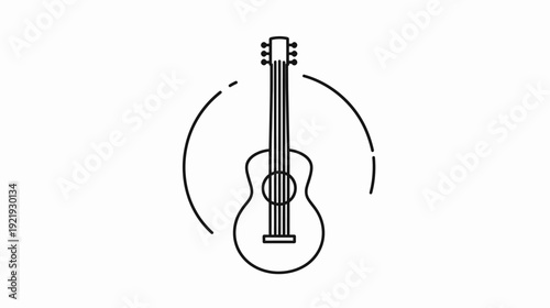 A black and white line drawing of a six-stringed acoustic guitar in the center