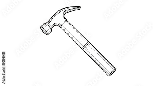 A monochrome illustration of a claw hammer, depicted from a diagonal angle on a white background