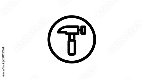 A bold, black outline illustration of a hammer enclosed within a thick black circular border