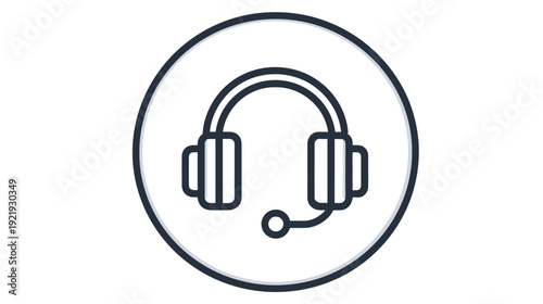A dark gray line art depiction of a headset within a circle on a white background