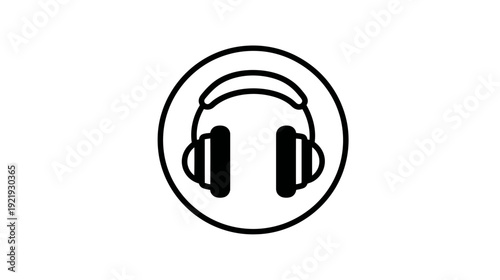 A simple, black-and-white icon depicting a pair of headphones enclosed within a circular frame