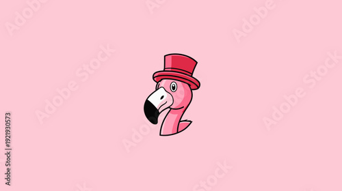 Cartoon flamingo head wearing a top hat on a pink background. A humorous and stylish illustration