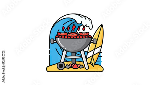 An illustration shows a grill with hotdogs, flames, a surfboard, and a wave on a beach
