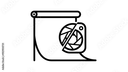 A stylized outline depicts a photo studio backdrop with a camera lens overlapping
