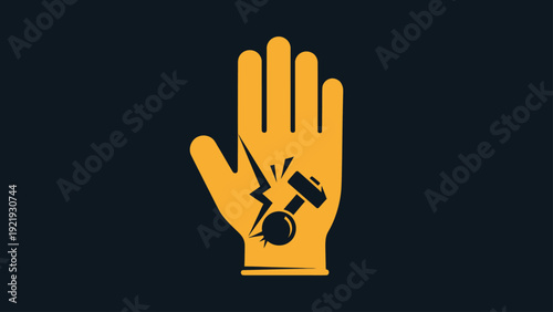 Graphic of an open hand in mustard yellow with a hammer and a crack, on a navy blue background