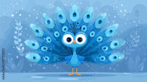 A cartoon bird with blue plumage and large eyes stands against a backdrop with soft colors