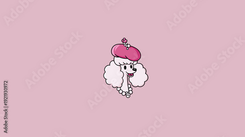 A pink poodle illustration with a beret and a pearl necklace on a pink background