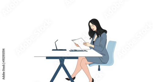 A professional young businesswoman sits at her office desk with a smile, using laptop technology and internet for successful work