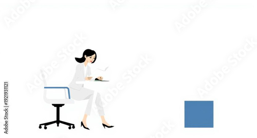A 3d illustration of a business woman person sitting at an office desk with a laptop on a chair as a work concept vector icon