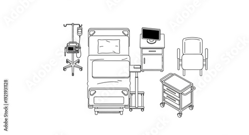 Medical equipment arrangement in a hospital setting, ready for patient care and treatment.