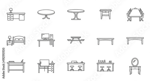 Collection of Various Table and Desk Line Art Icons.