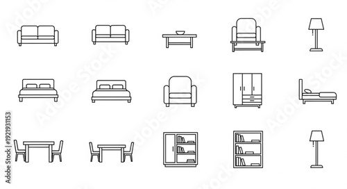 Collection of simple line art furniture icons for interior design.