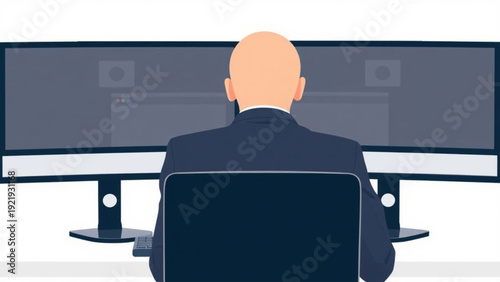 A 3d illustration of a businessman worker sitting at an office desk working on a computer monitor screen and laptop technology