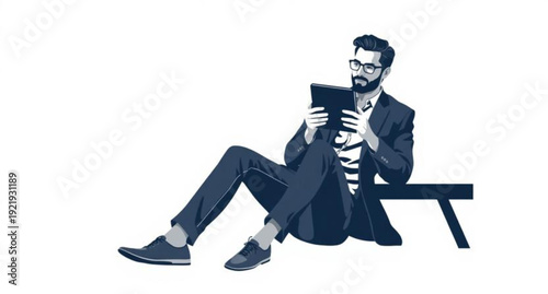 A handsome businessman in a black suit sits on a chair with a success expression while one worker looks at the camera