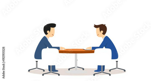 Cartoon illustration of a businessman and woman sitting at an office desk with a laptop and computer while a person in a doctor uniform works nearby