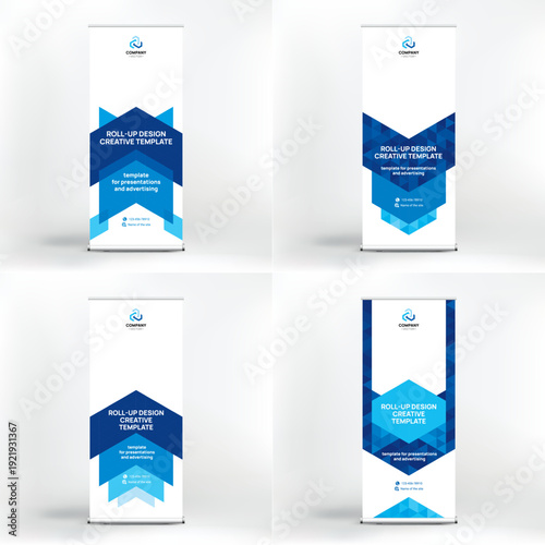 Banner design set, roll-up stand for advertising, conferences, seminars, poster template for placing photos and text. Creative background for presentation