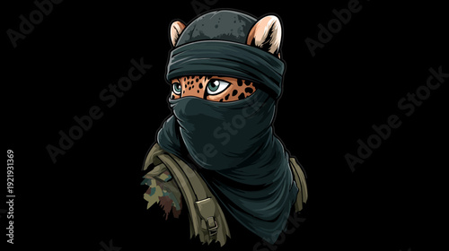 A digitally illustrated cheetah wearing a balaclava, scarf, and tactical gear on a black background