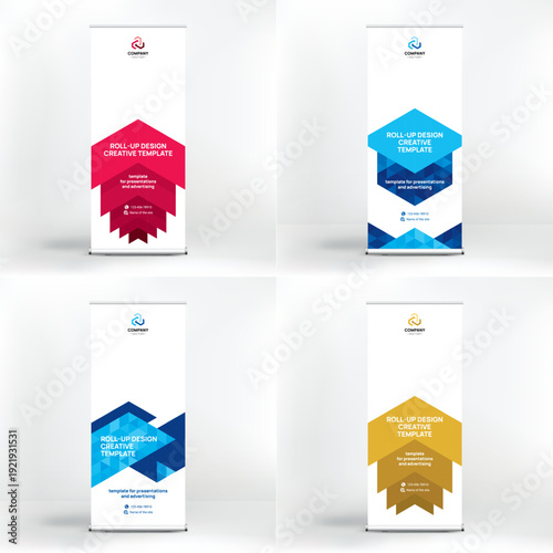 Banner design set, roll-up stand for advertising, conferences, seminars, poster template for placing photos and text. Creative background for presentation