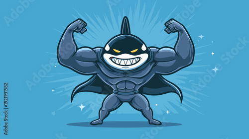 Muscular character with a whale's head, flexing and smiling, standing on a blue background