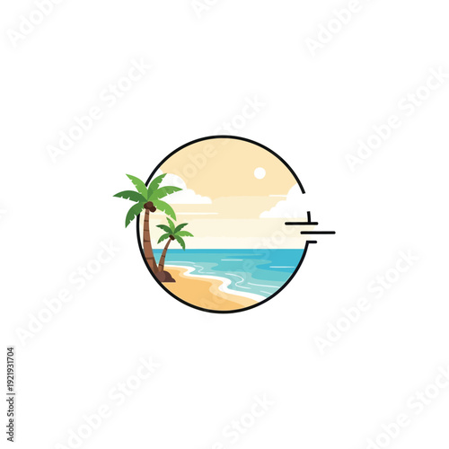 Beach Scene with Palm Trees Inside Circle.