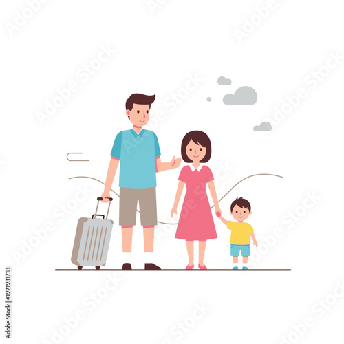 Family of Three with Luggage Ready to Travel.