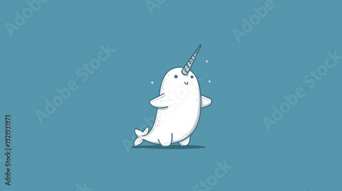 A cute cartoon narwhal with a unicorn horn stands on a blue background, smiling