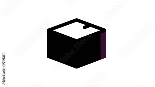 Minimalist 3D black cube icon with white top and subtle side detail. Abstract graphic element for packaging, product, or storage concepts.
