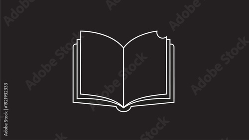 Simple Open Book Line Art Icon. White outline vector symbol of reading, education, learning, knowledge on dark background.