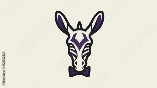 A stylized animal head, with dark outline and purple accents, wearing a bow tie, centered on a light beige background