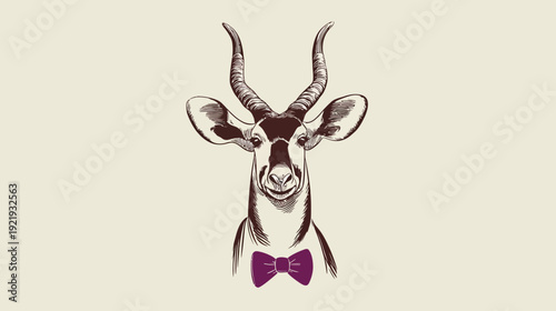 Stylized illustration of an animal head with large horns, and a purple bow tie
