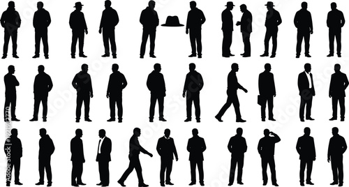 Black silhouette vector illustrations of men in diverse poses and attire, showcasing social interaction, standing, walking, and gesturing for design, artwork, and communication projects.