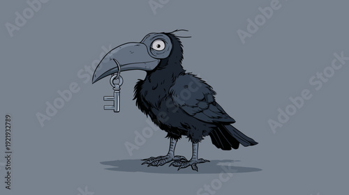 A cartoon crow with a key hanging from its beak against a muted gray backdrop