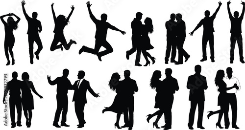 Black silhouette vector illustrations of people dancing, jumping, embracing, and conversing, capturing dynamic movement, emotion, and social interaction for design, artwork, and storytelling projects.