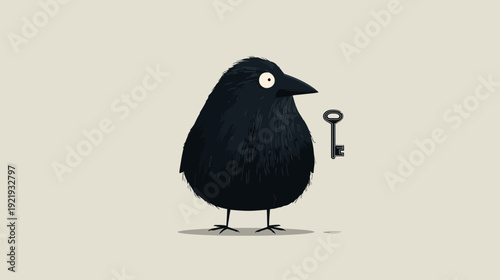 A cartoon crow stares at a key next to it on a light background