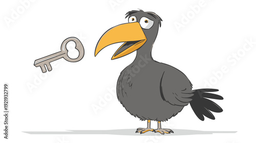A gray cartoon bird with an open beak looks at a key floating in the air on a white background