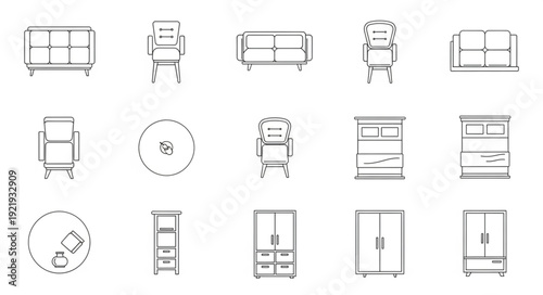 Collection of Hand Drawn Furniture Icons Vector Set.