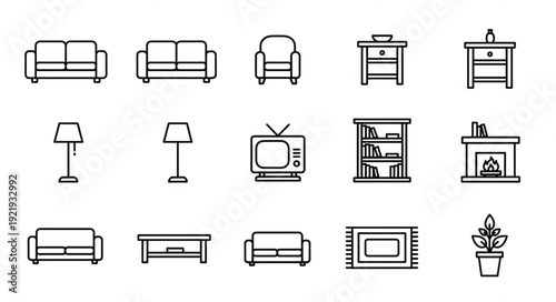 Collection of modern furniture and home decor line art icons.