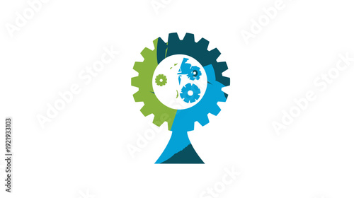 A stylized cogwheel, forming a head and tree trunk, with internal gears and vibrant color blocks