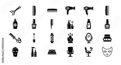 Collection of beauty and salon tools and accessories icons.