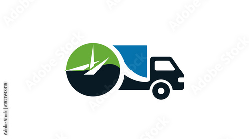 A stylized logo features a delivery truck, clock graphic, and uses various shades of blue and green