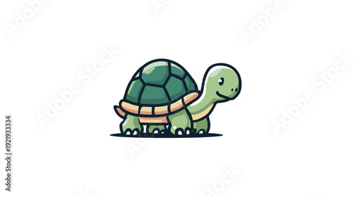 A cartoon tortoise illustration, green shell and neck, and beige belly, on a white background