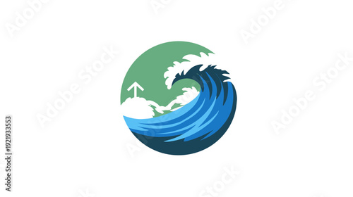A stylized ocean wave design within a green circle, with a white, rocky shoreline and an arrow symbol