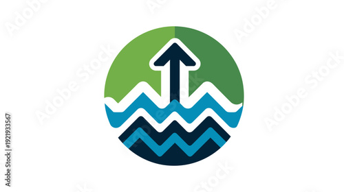 A circular graphic with an arrow rising from wavy lines, within a two-tone green background