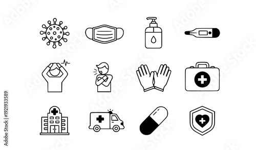 Flat Medical and Hygiene Icon Set with Virus Mask Sanitizer Thermometer and Healthcare Symbols Vector Collection