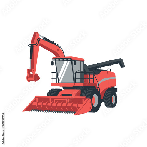 Orange combine harvester with excavator attachment illustration on white background