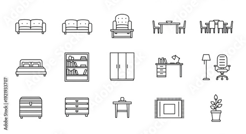 Collection of hand drawn furniture icons for interior design.