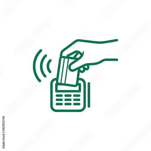Hand making contactless payment with card near card reader device illustration