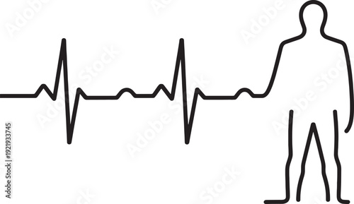 Black outline of a human figure connected to a heart rate monitor electrocardiogram line on a white background